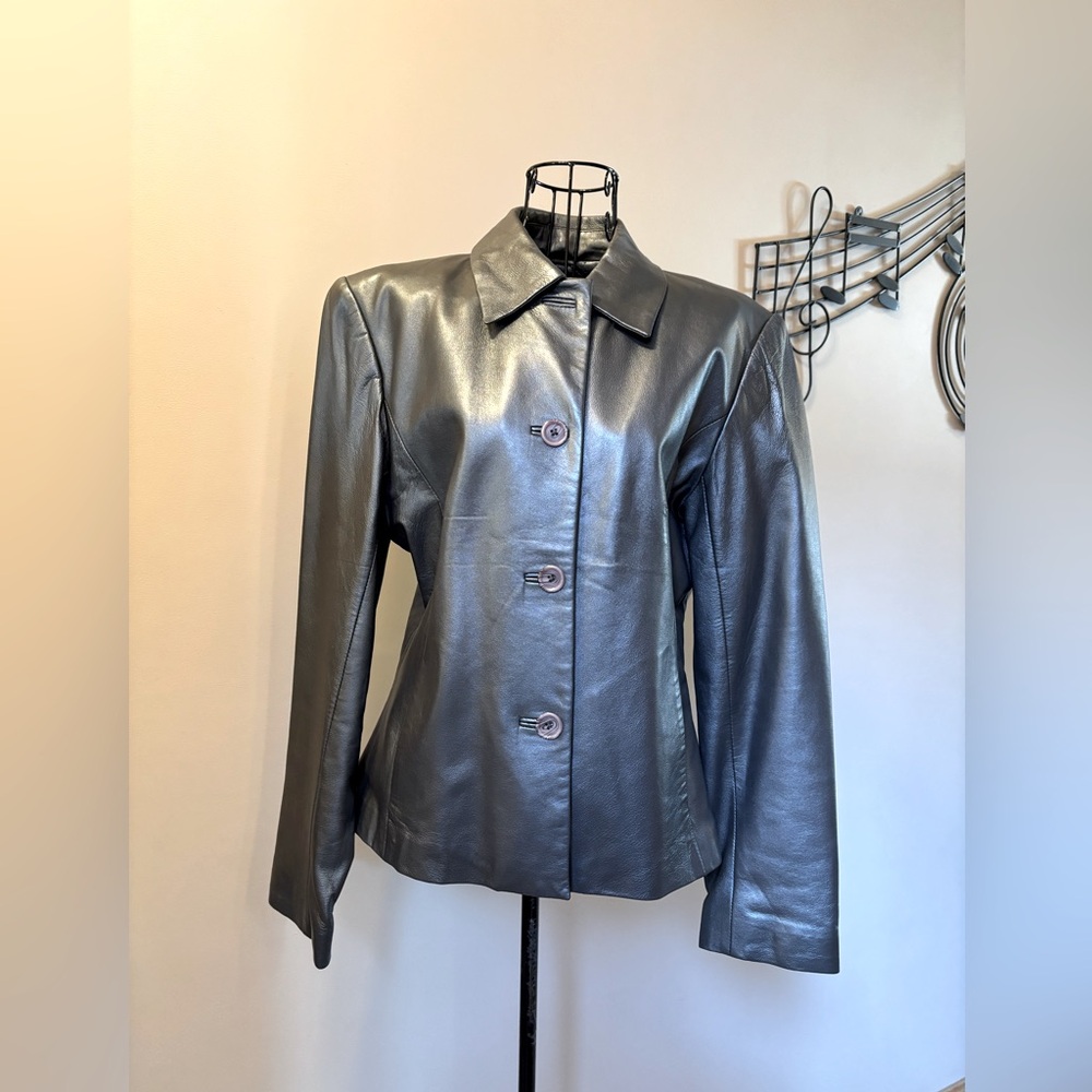 BAGATELLE Leather Button up blazer silver w/pockets like new
